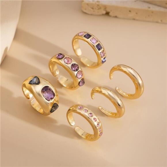 ✨ Chunky Gold Rings Set | Hollow Diamond Adjustable Stackable Statement Rings - Picture 5 of 5
